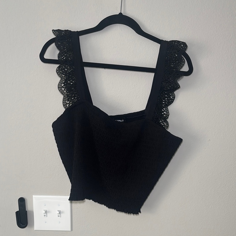 Express Black Lace Strap Smocked Crop Top